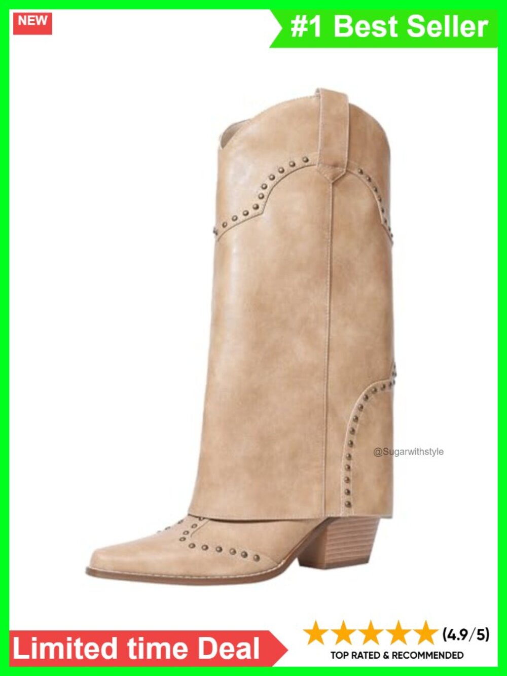 Faux Leather Fold Over Knee High Cowboy Boots Pull On Block Heel